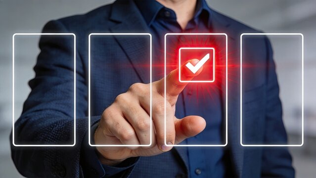 Hand selecting option on futuristic touchscreen interface with glowing red checkmark, decision making and approval process concept for digital voting or confirmation in modern