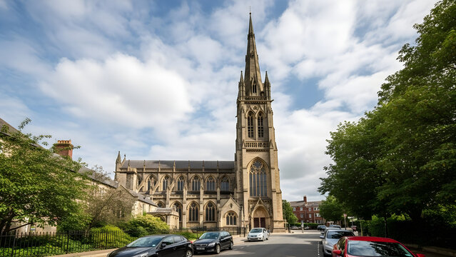 A large cathedral with a tall spire on a street lined with trees and cars