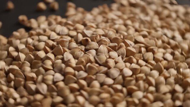 Closeup view of a pile of raw buckwheat grains on a dark surface.