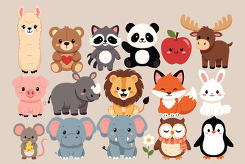 Fototapeta premium Assortment of adorable cartoon animals including a panda, fox, elephant, and penguin along with a small red apple and flower.
