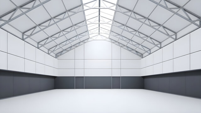 An empty large industrial warehouse interior with a high ceiling and metal framework