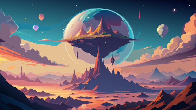 Fantasy planet landscape with floating islands mountains balloons floating island sci fi outer space digital art color palette sunset colors sunrise colors rock formations landscape balloons