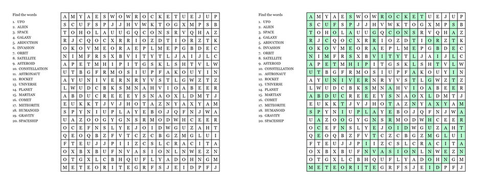 World UFO Day word search puzzle with solution grid