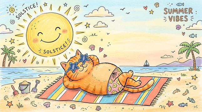 Funny Cartoon Cat Relaxing at the Beach