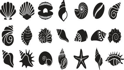 Seashell silhouette icons set, 21 black sea shell vector elements, nautical beach mollusk and starfish collection for summer branding © AjmiraKhatun