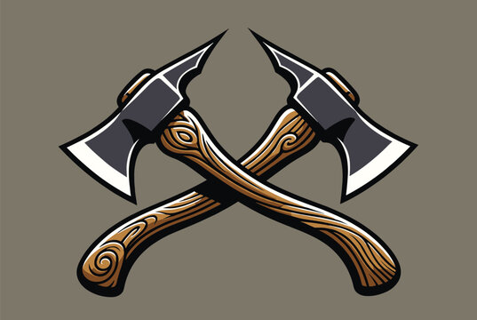 Two crossed tomahawk axes with decorative wooden handles, suitable for outdoor adventure, camping, hunting, and heritage-themed logos.
