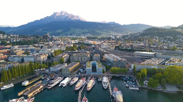 Aerial view of Lucerne city harbor and Mount Pilatus in Switzerland
