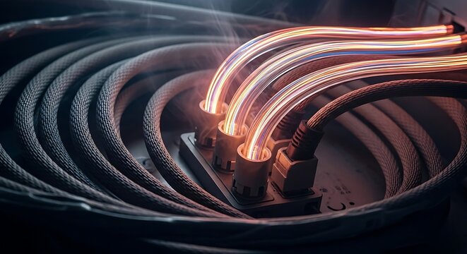 Glowing power cables connected to a power strip generating intense energy and heat, symbolizing electricity and high demand