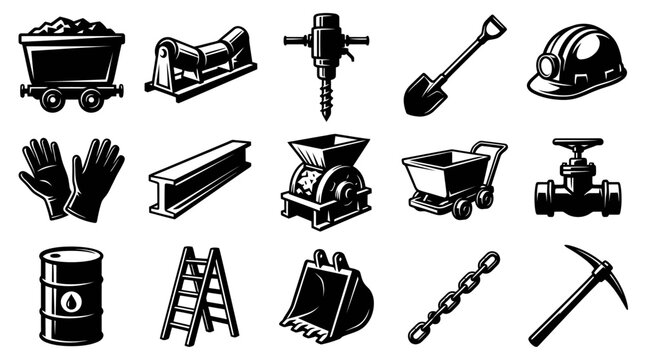 Monochrome Mining and Construction Industry Tools  Equipment Vector Icons Set