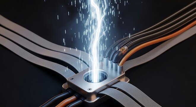 Advanced technology circuit board with electrical energy surge connecting digital networks and data flow for futuristic innovation and power transfer