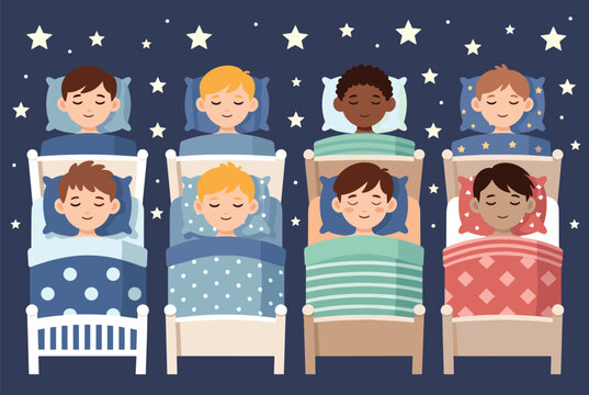 Group of children from diverse backgrounds sleeping peacefully in their beds under a dark night sky filled with bright stars.