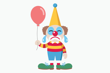 Naklejka premium Sad clown wearing a colorful striped shirt and a yellow party hat shedding a blue tear while holding onto a red balloon.