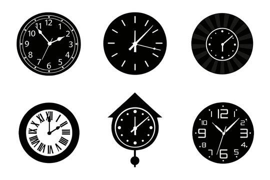  Circular and Cuckoo Clock Faces with Varied Times Silhouette Vector Illustration