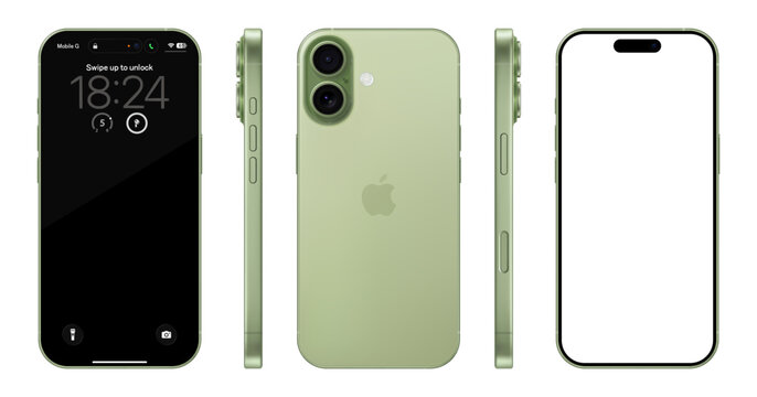 Photorealistic detailed Apple Iphone 17 Sage mockup. Front, rear and side views isolated on transparent background. Vector editorial PNG