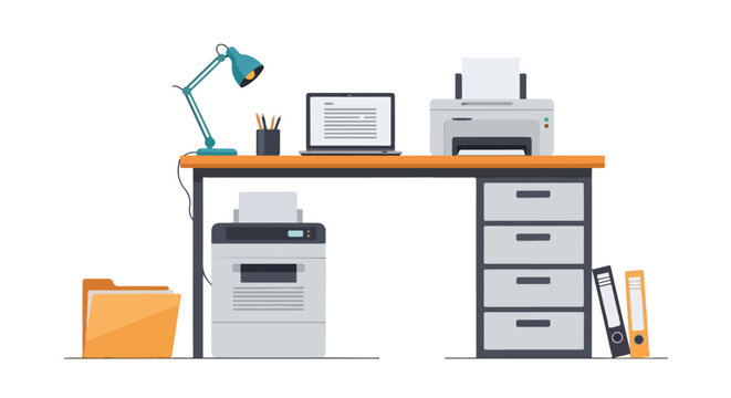 The image shows a flat illustration of an office desk with a laptop, lamp, two printers, folders, and drawers on a white background.