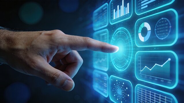 Finger touching futuristic blue holographic interface screen displaying various data analytics charts graphs bars circles trends statistics metrics dashboard for financial market