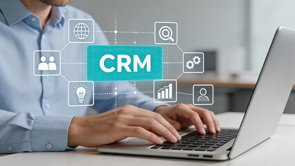 Fototapeta premium Customer relationship management CRM software interface on laptop, featuring search, analytics, settings, and user icons for effective business data handling.