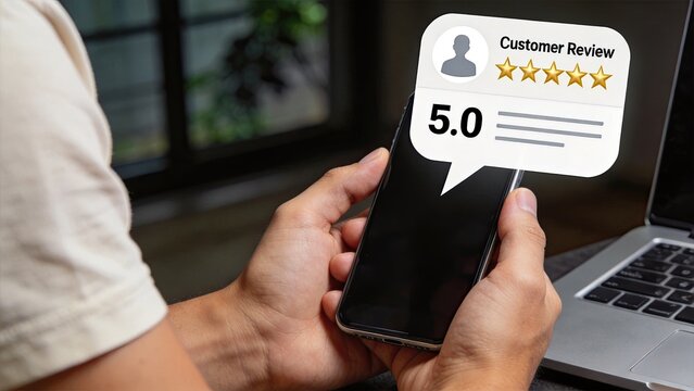 Close-up of hands holding smartphone with speech bubble showing customer review, five gold stars, and 5.0 rating score, symbolizing positive feedback, satisfaction, reputation