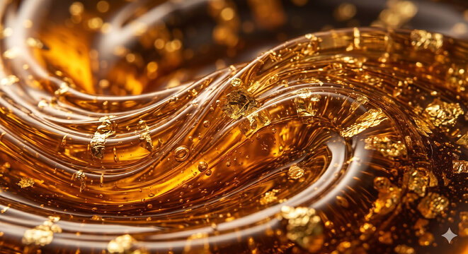 Abstract macro texture of swirling honey mixed with gold flakes
