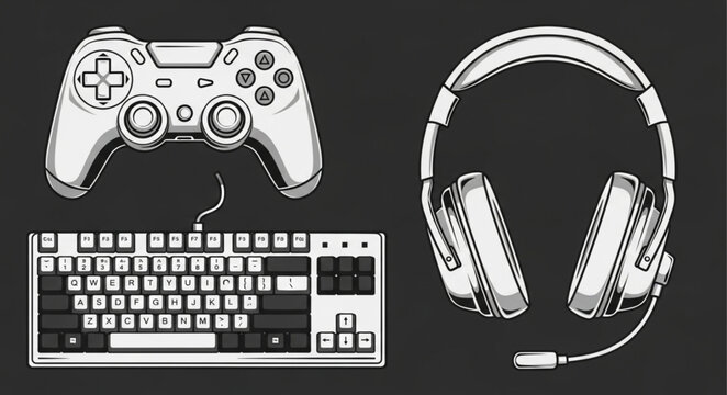 Gaming accessories including a controller keyboard and headphones.