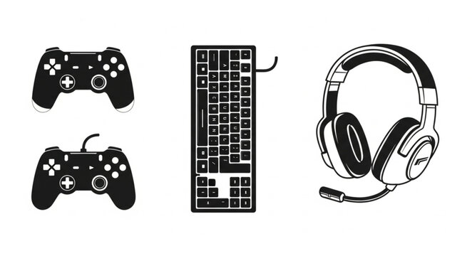 Gaming accessories including controllers keyboard and headphones.