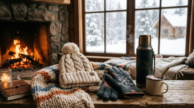 Winter accessories including a cable-knit beanie, wool scarf, and gloves resting on a rustic wooden table next to a hot cocoa mug and thermos in a log cabin with a warm fireplace.