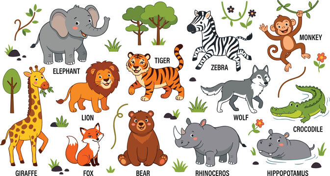 Cute Cartoon Wild Animal Vector Set with Elephant Lion Tiger Giraffe and Safari Jungle Elements for Kids Designs