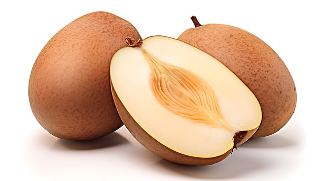 Two whole sapodilla and one cut in half revealing seeds on white background studio shot.
