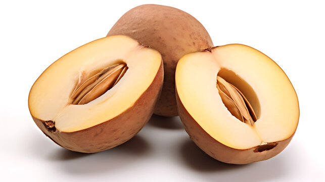 Three fresh sapodilla fruits one whole and two halves on white background for culinary content.