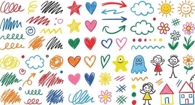 Hand Drawn Cute Child Doodle Vector Element Set with Scribbles Hearts Stars Sun Houses and Arrows Clipart Graphic
