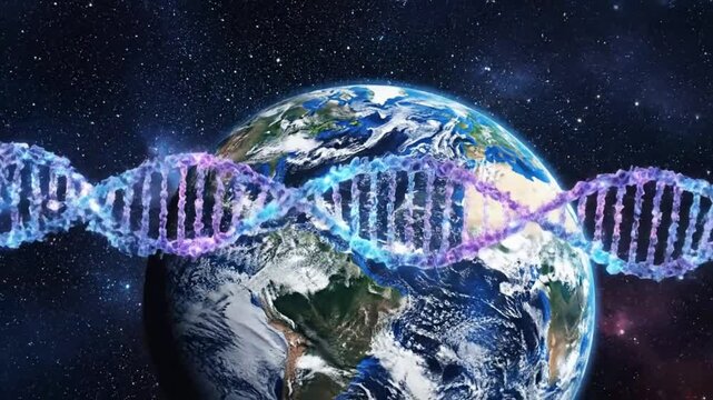 Earth surrounded by a glowing DNA double helix structure, representing genetic code and scientific concepts in space
