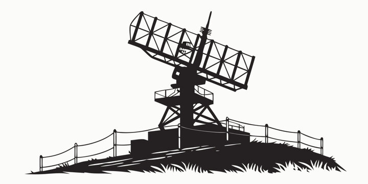 Military radar array on a fenced hill silhouette long range surveillance radar system illustration surveillance military security detection technology scanning tracking engineering wireless