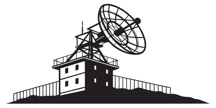 Large satellite communication dish on a building structure inside a fenced area black and white vector icon satellite communication building technology transmission broadcast electronic