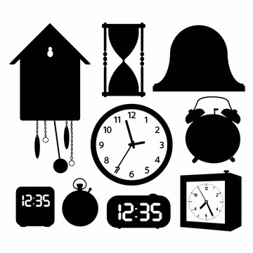 Clocks, Hourglass, Stopwatch, and Digital Display Silhouette Vector Illustration
