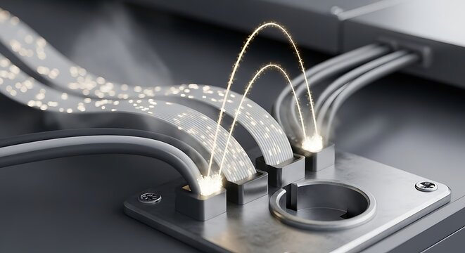 Modern technology concept with glowing fiber optic cables transmitting data and energy in a sleek metallic connection hub