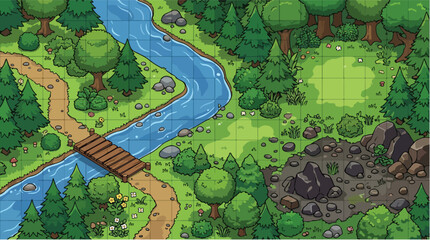 Fototapeta premium Isometric forest game map vector, fantasy RPG landscape with river and bridge, cartoon nature environment for gaming and level design
