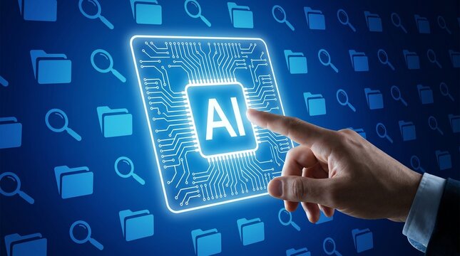 Human hand touching glowing AI microchip on futuristic digital circuit board background, symbolizing artificial intelligence technology concept.