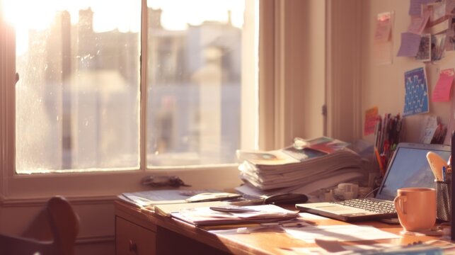 Cozy Home Office with Natural Light Streaming Through Window Highlighting Papers and Computer Equipment on a Wooden Desk