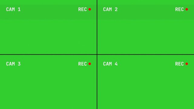 CCTV Surveillance Camera 4 Screen Grid Interface with Blinking Red Recording Dot on Green Screen for Video Production Compositing