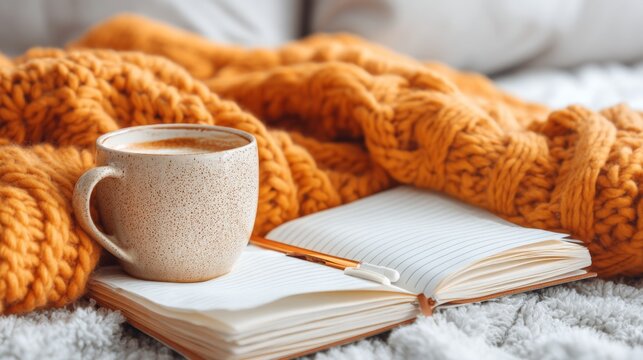 Cozy Morning Scene with Warm Coffee Cup, Soft Knit Blanket, Open Notebook, and Pencil on a White Bedspread