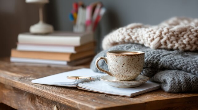 Cozy workspace setting with a cup of coffee, knitted blanket, notebooks, books, and colorful stationery creating a warm, inviting atmosphere
