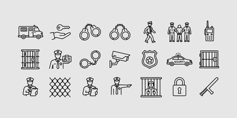 Icon set collection of security and police equipment, including handcuffs, surveillance cameras, patrol cars, and prison cells for legal graphic projects. © Raka Firdaus 