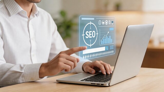 Person working on laptop with holographic SEO optimization dashboard floating above, search engine marketing concept featuring analytics charts, keywords targeting and website