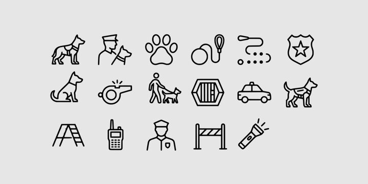 Icon set collection of police K9 unit and training tools, featuring service dogs, dog handlers, leashes, whistles, and equipment icons.