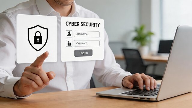 Cyber security login authentication concept, man typing on laptop with floating username password fields and shield icon, internet safety and account access protection idea