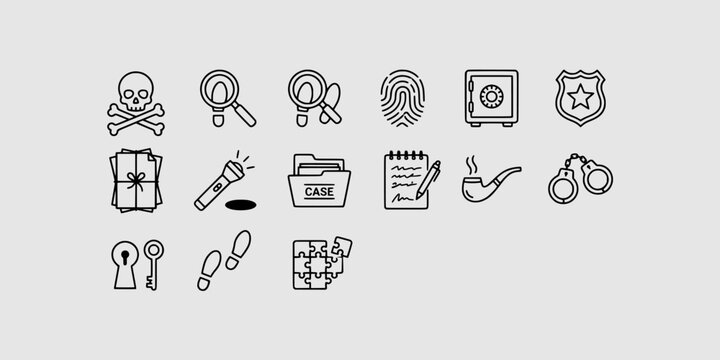 Icon set collection of mystery investigation and detective work, featuring magnifying glasses, fingerprints, case files, footprints, and vintage sleuthing equipment.