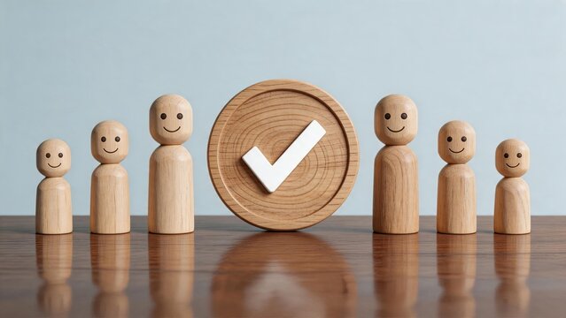 Wooden figures standing around a large check mark symbol representing approval agreement consensus or successful team decision making concept