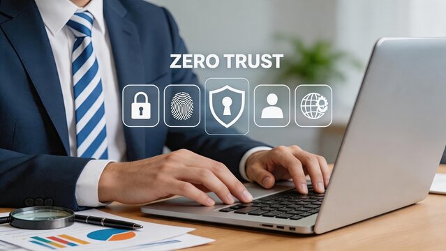 Businessman typing on laptop with zero trust security concept icons overlay, cybersecurity, data protection and digital safety in modern corporate office environment