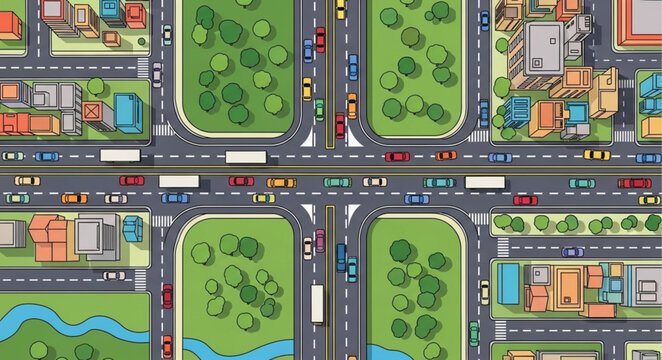 Aerial view of a busy city intersection with traffic and buildings.