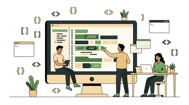 Professional Programming Team Collaborating on Software Project Around Oversized Desktop Computer Displaying Code Editor and Task Management Dashboard with Coding Symbols HTML Tags Curly Brackets and 